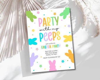 Editable Party With My Peeps Easter Party Invitation, Happy Rabbit Easter Egg Hunt Invite, Girl Bunny Easter Party Mobile Invitation