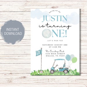 Golf 1st Birthday Party Invitation Template, Hole In One Boy Golf First Birthday Invitation, Golf Par-Tee Invite, Editable Instant Download