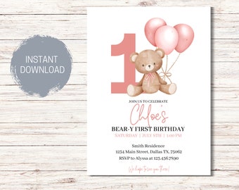 BEAR BIRTHDAY Invitation, Beary 1st Birthday Invite,Bear Balloons Invitation, 1st Birthday Girl,Teddy Bear Invitation, Pink,Instant Download