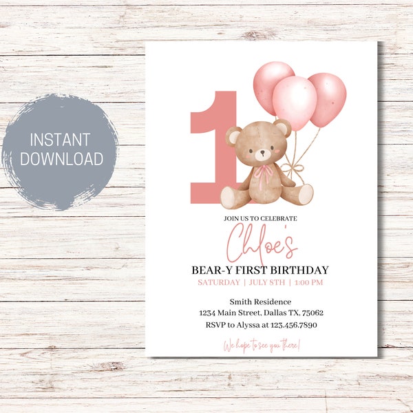 BÄR Geburtstagseinladung, Bär 1. Geburtstag einladen, Bären-Ballon-Einladung, 1. Geburtstag Mädchen, Teddybär-Einladung, rosa, sofortiger Download