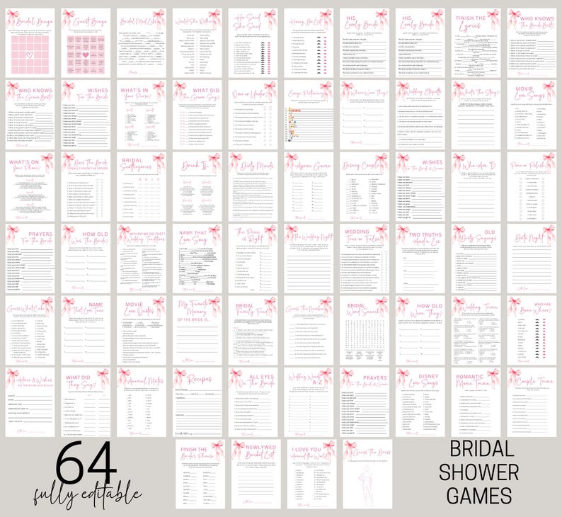 100 Editable Bridal Shower Games Bundle, She's Tying the Knot Bridal Shower Games, Pink Bow Bridal Shower Game Bundle, Printable Templates image 2
