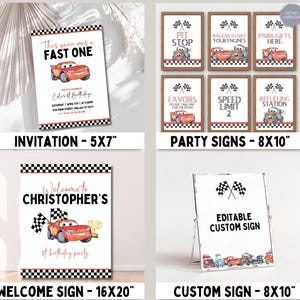 May include: Printable party signs for a Cars themed birthday party. The signs feature a checkered flag design and include phrases like "Pit Stop", "Racers Start Your Engines", "Speed Limit 2", and "Refueling Station".
