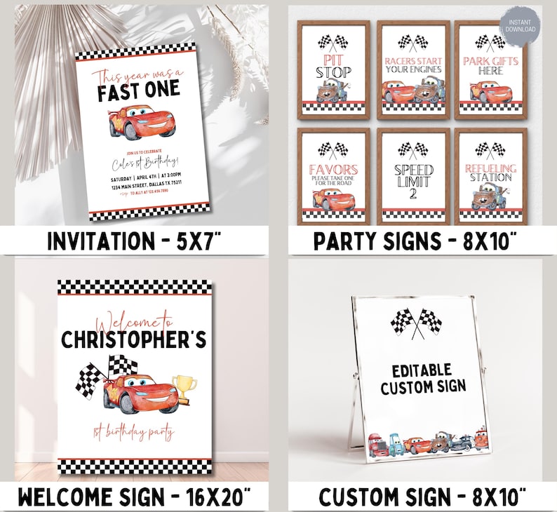May include: Printable party signs for a Cars themed birthday party. The signs feature a checkered flag design and include phrases like "Pit Stop", "Racers Start Your Engines", "Speed Limit 2", and "Refueling Station".
