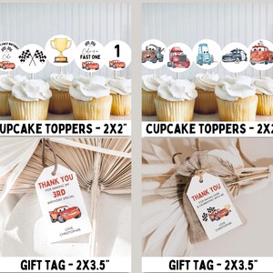 May include: Set of printable cupcake toppers and gift tags featuring Cars characters. The cupcake toppers are 2 inches in diameter and the gift tags are 2.5 inches by 3.5 inches. The toppers include a trophy, checkered flag, number 1, and various Cars characters. The gift tags feature a Cars character and the text "Thank you for making my 3rd birthday special." and "Thank you for racing over and celebrating with me."