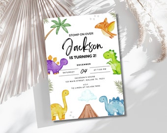 May include: A dinosaur-themed birthday invitation for a boy turning two. The invitation features a colourful illustration of dinosaurs, a volcano, and palm trees. The text reads "Stomp on over Jackson is turning 2!"  "December 04 at 7:00 PM"  "Jackson's House 123 Main Street, Dallas TX. 75211"  "RSVP to Linda at 123.456.7890"