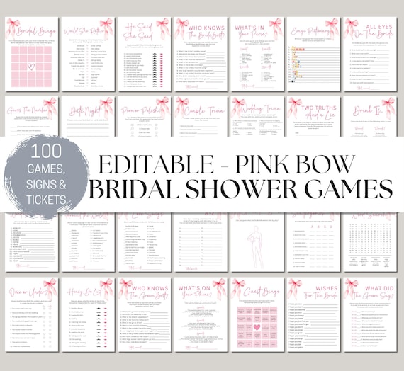 100 Editable Bridal Shower Games Bundle, She's Tying the Knot Bridal Shower Games, Pink Bow Bridal Shower Game Bundle, Printable Templates