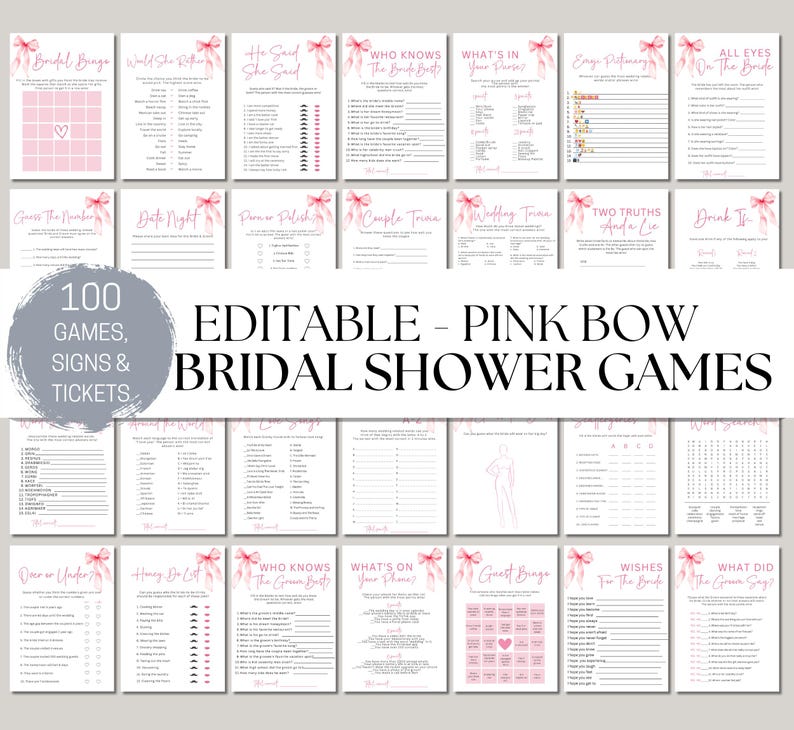 100 Editable Bridal Shower Games Bundle, She's Tying the Knot Bridal Shower Games, Pink Bow Bridal Shower Game Bundle, Printable Templates image 1