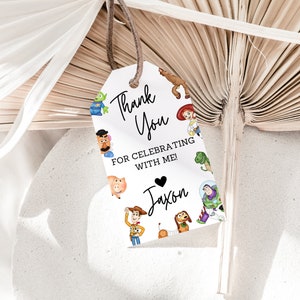 Etiqueta de lembrancinha editável Toy Story, etiqueta de agradecimento para presente Toy Story, convite de aniversário Toy Story, etiqueta de lembrancinha para festa Toy Story, Woody, Buzz