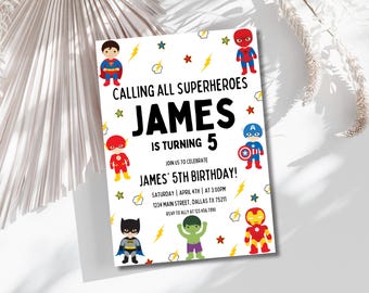 Plantilla de invitación de cumpleaños de superhéroe editable, Llamada a todos los superhéroes, Invitaciones de fiesta de cumpleaños minimalistas imprimibles, Fiesta infantil digital