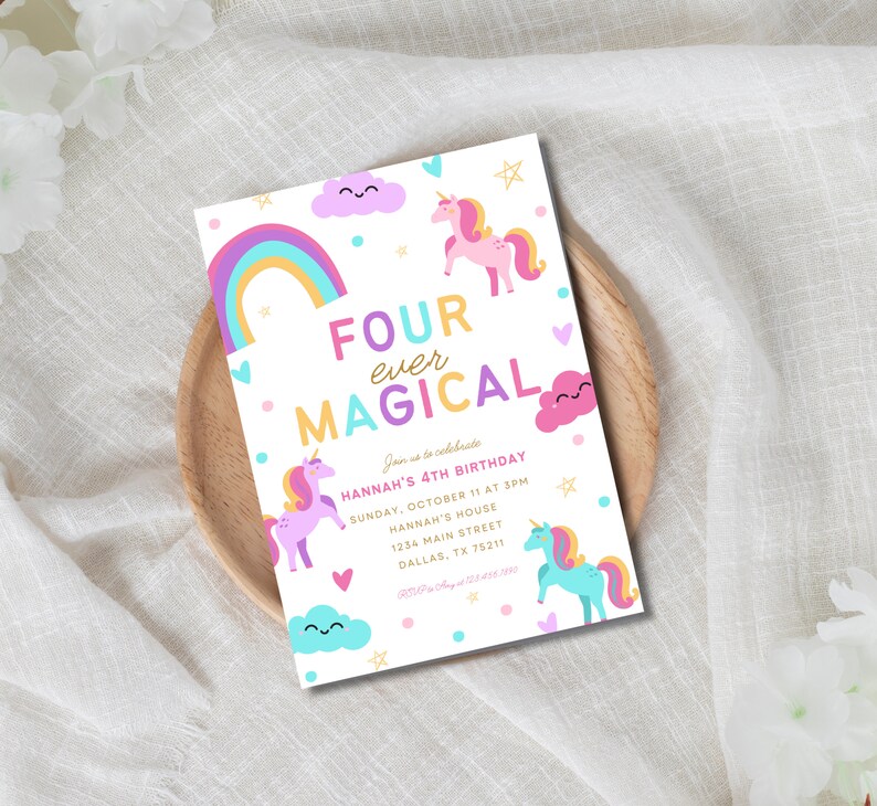 Editable Unicorn 4th Birthday Invitation Four Ever Magical Party Invite ...