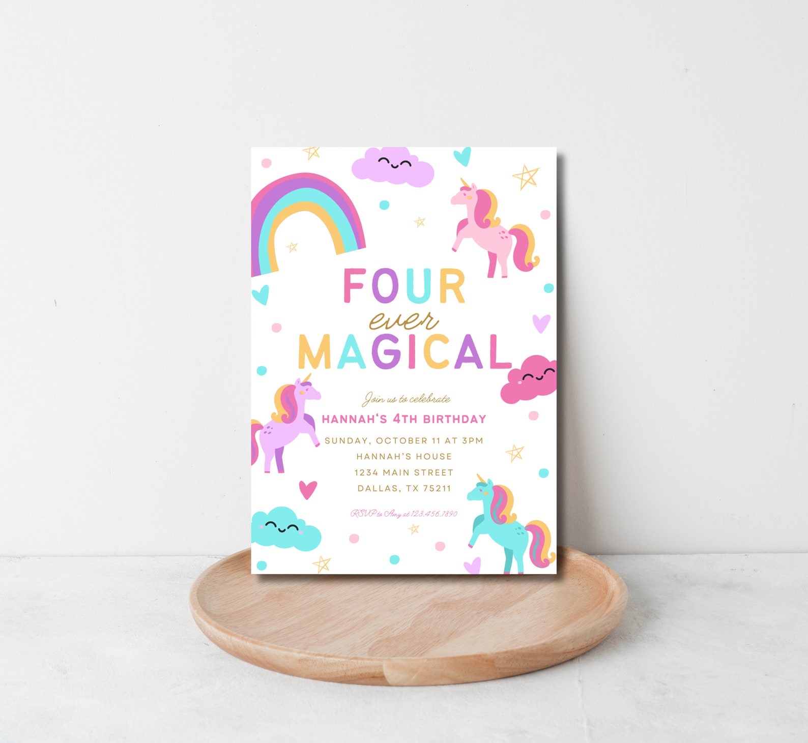 Editable Unicorn 4th Birthday Invitation Four Ever Magical Party Invite ...