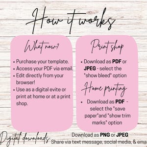 May include: Pink and white graphic with the text "How it works" in black. The graphic explains how to purchase, edit, and download a digital template. The text "Digital downloads: Share via text message, social media, & email" is at the bottom.