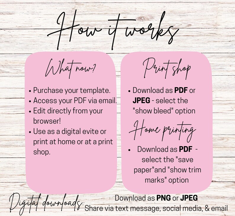 May include: Pink and white graphic with the text "How it works" in black. The graphic explains how to purchase, edit, and download a digital template. The text "Digital downloads: Share via text message, social media, & email" is at the bottom.