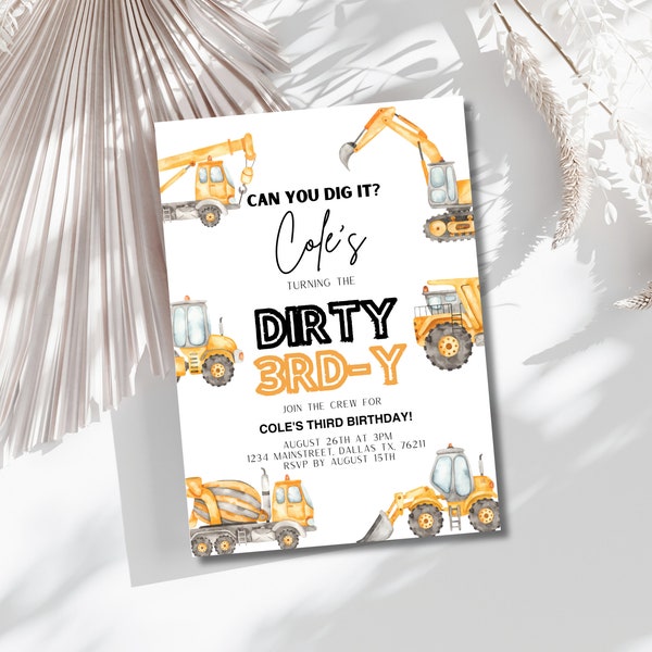 Construction Dirty 3RD-Y Birthday Invitation Template, Construction Trucks 3rd B-Day Invite,Digger Truck Party,Construction,Instant Download