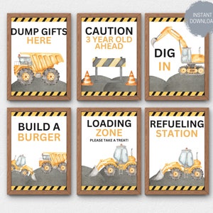 Dig In Construction Birthday Party Signs Bundle (NOT Editable), Digger Truck Birthday Theme Sign Pack, Ready to Print Food Station Signs