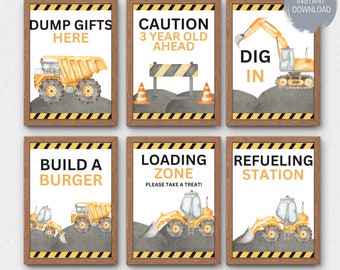 Dig In Construction Birthday Party Signs Bundle (NOT Editable), Digger Truck Birthday Theme Sign Pack, Ready to Print Food Station Signs
