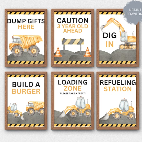 Dig In Construction Birthday Party Signs Bundle (NOT Editable), Digger Truck Birthday Theme Sign Pack, Ready to Print Food Station Signs