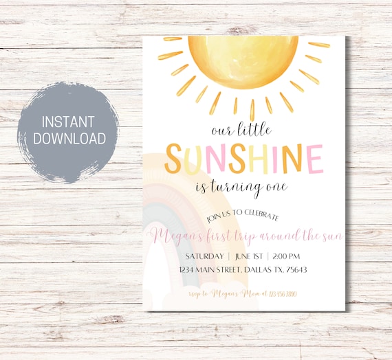 SUNSHINE 1ST BIRTHDAY Invitation Template, Our Little Sunshine Birthday, You Are My Sunshine, First Trip Around The Sun Invite,Sun Birthday