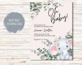 ELEPHANT BABY SHOWER Invitation Template, Sweet Baby Girl Invite, Little Peanut On The Way, Girl Baby Shower invite, Pink, Instant Download