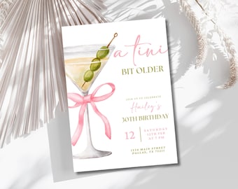 A Tini Bit Older Birthday Party Invitation, Martini Themed Birthday Invite, Women’s Birthday Invite, Bow Invite, Editable Template, Canva