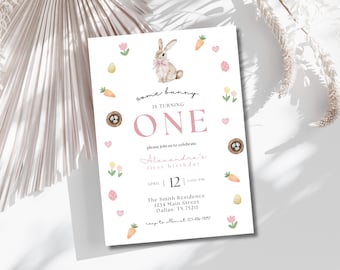 Editable Bunny Birthday Party Invitation, Some Bunny 1st Birthday Party, Daisy Floral Bunny 1st Birthday Spring Birthday, Instant Download