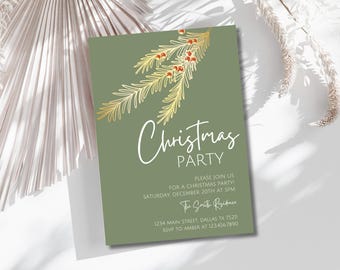 Christmas Party Invitation, Holiday Party Invitation Template, Green Gold Leaf, Editable Christmas Invitation, Modern Leafy Invitation