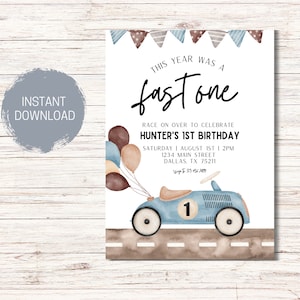 Fast One Racing Car First Birthday Invitation 1st Birthday Invitation Racing Car Vintage Racecar Invite Printable Template Instant Download