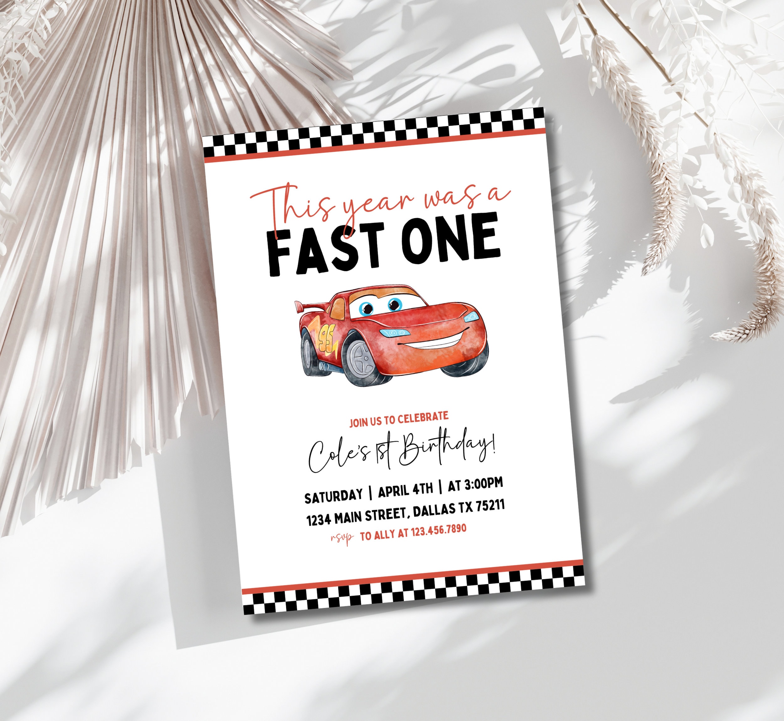 Editable Cars Birthday Party Invitation, Lightning Mcqueen Birthday, Cars Party Invite, First Birthday Party Invitation, Fast One, 1, Cars
