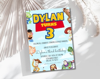 May include: A blue and red birthday invitation with a cartoon image of Woody from Toy Story. The invitation says "Dylan Turns 3" and includes the text "Calling all cowboys, cowgirls & space rangers. Join us to celebrate Dylan's third birthday! Saturday, July 16th, at 2:00 PM. 1234 Main Street, Dallas, TX 75211."