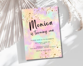 Rainbow Birthday Invitation, Ombre Pastel Invitation, Colorful Watercolor Splash, Gold Glitter Sprinkles, Tie Dye Printable Digital Invite