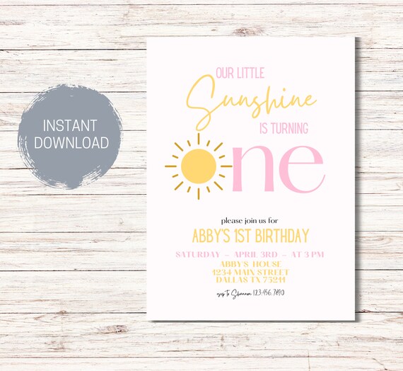 SUNSHINE 1ST BIRTHDAY Invitation Template, Our Little Sunshine Birthday, You Are My Sunshine, First Trip Around The Sun Invite,Sun Birthday