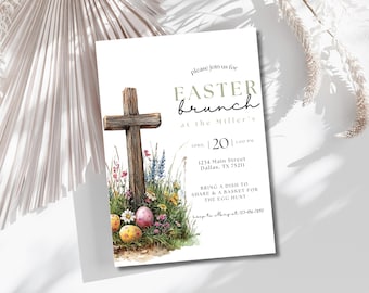 Easter Egg Hunt and Brunch Invite, Printable Easter Brunch Party Invitation Digital, Floral Spring, Easter Bunny, Printable, Editable, Canva