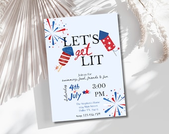 4th of July Party Invitation Template, Lets Get Lit, Fourth of July Invitation, Fireworks Invite, Editable, BBQ Party,Canva Instant Download