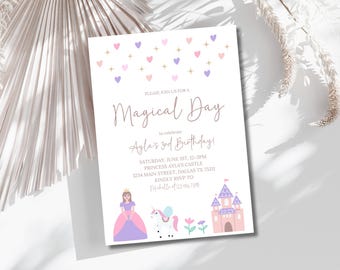 May include: A pink and purple birthday invitation with a princess, unicorn, and castle illustration. The invitation reads "Please join us for a Magical Day to celebrate Ayla's 3rd Birthday!"  Saturday, June 1st, 12-3PM, Princess Ayla's Castle, 1234 Main Street, Dallas TX 75231. Kindly RSVP to Michelle 1234567890.