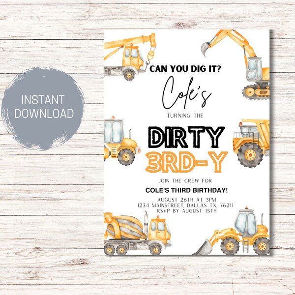 Construction Dirty 3RD-Y Birthday Invitation Template, Construction Trucks 3rd B-Day Invite,Digger Truck Party,Construction,Instant Download