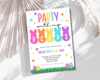 Editable Party With My Peeps Easter Party Invitation, Happy Rabbit Easter Egg Hunt Invite, Girl Bunny Easter Party Mobile Invitation