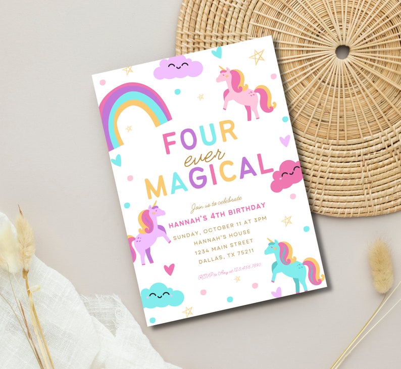 Editable Unicorn 4th Birthday Invitation Four Ever Magical Party Invite ...