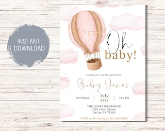 Pink HOT AIR BALLOON Baby Shower Invitation Template, Girl Shower Invite, Oh Baby Printable Invitation, Adventure Awaits, Digital Download