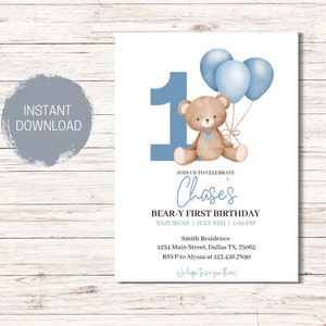 Invitation anniversaire ours, 1er anniversaire Beary, Invitation ballons ours, 1er anniversaire de garçon, Invitation ours en peluche, bleu, téléchargement immédiat