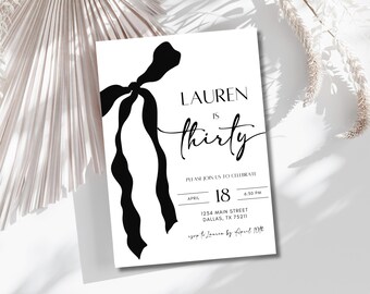 Black Bow Birthday Invitation Minimalist Black Ribbon Coquette 30th Birthday Party Invite Cheers to Thirty Elegant Bow Theme Editable