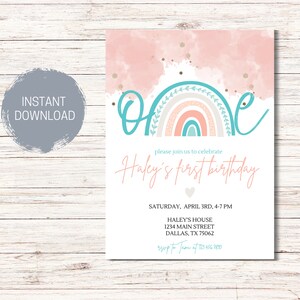 MODERN RAINBOW First Birthday Invitation Template,Editable Rainbow Invite,Boho, Girls Birthday Invitation,Rainbow Birthday Instant Download