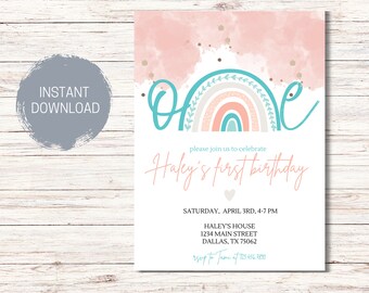 MODERN RAINBOW First Birthday Invitation Template,Editable Rainbow Invite,Boho, Girls Birthday Invitation,Rainbow Birthday Instant Download
