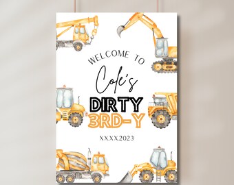 Letrero de bienvenida de cumpleaños editable para construcción, letrero de bienvenida para fiesta de cumpleaños con camión de construcción, letrero decorativo Dirty 3RD-Y, descarga digital