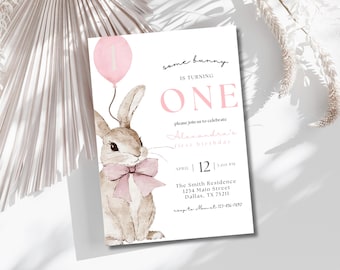 Bunny Birthday Invitation Template, Somebunny Is Turning One Editable Invitation, Girl First Birthday Invite, Printable Invite