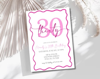 Pink Wavy Border 30th Birthday Invitation Women, Modern Scalloped 30th Party Invite for Her Printable, Editable Thirty Digital Invitation
