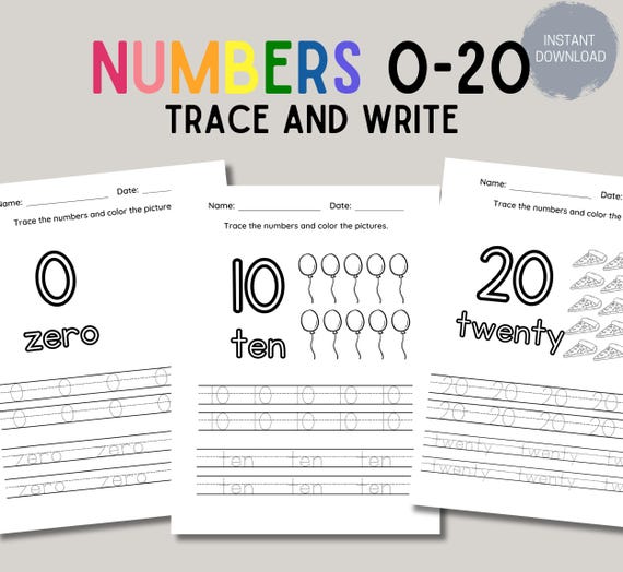 20 Number Tracing Worksheets, Traceable Numbers, Preschool Worksheets, 0-20 Printable Number Tracing, Kids Tracing, Handwriting Practice