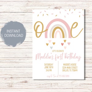 MODERN RAINBOW First Birthday Invitation Template,Editable Rainbow Invite,Boho, Girls Birthday Invitation,Rainbow Birthday Instant Download