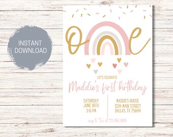 MODERN RAINBOW First Birthday Invitation Template,Editable Rainbow Invite,Boho, Girls Birthday Invitation,Rainbow Birthday Instant Download