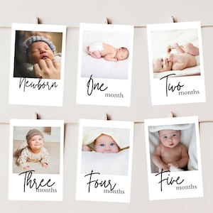 Modelo de banner de foto do primeiro aniversário, cartões de marcos mensais editáveis do primeiro ano do bebê, guirlanda de fotos moderna para impressão, download instantâneo