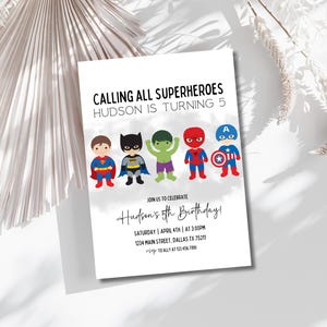 Modelo editável de convite de aniversário de super-heróis, convite de festa de aniversário para impressão, modelo de convite de festa infantil, cartão de aniversário de super-herói